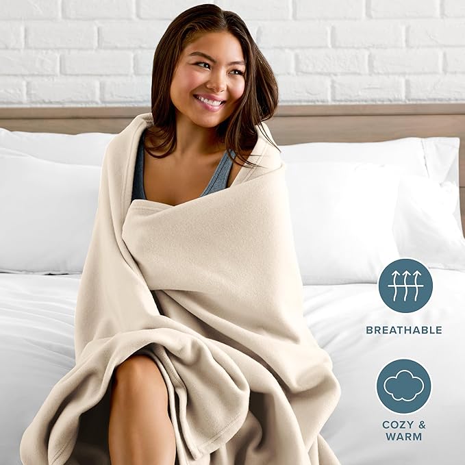 Bare Home Polar Fleece Blanket - Extra Long- Sand - Warm & Cozy - Premium Fleece - Throw for Bed, Sofa, Camping, Travel and Cold Nights - Lightweight Blanket (Twin/Twin XL, Sand)