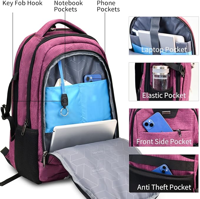 DUSLANG Travel Work Laptop Backpack With USB Charging Port Fits 15.6 15 14 13 Inch Laptop and Notebook Business Anti Theft College Computer Bag Back Pack for Women- Hot Pink