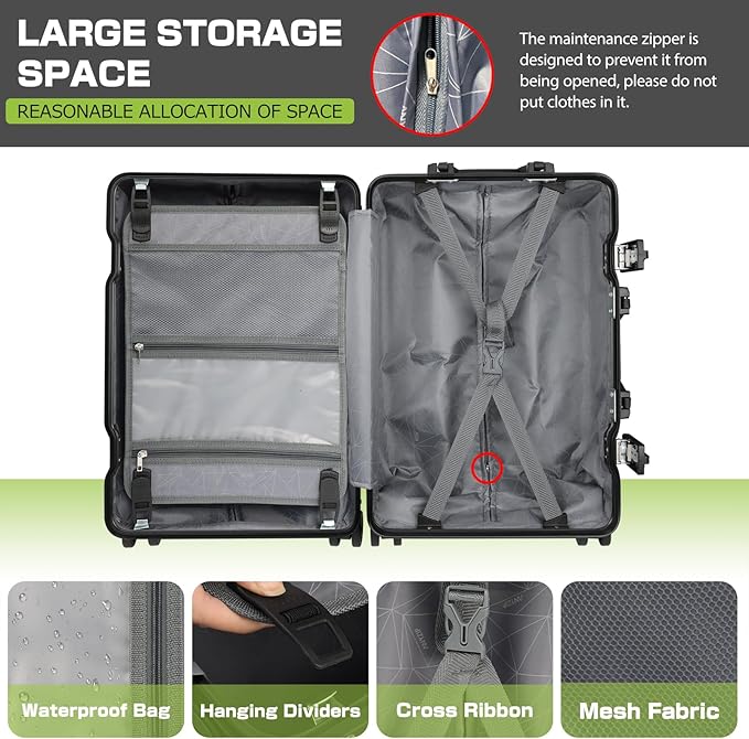 AnyZip Luggage Aluminium Frame Suitcase Hard Shell TSA Lock No Zipper 28In Black