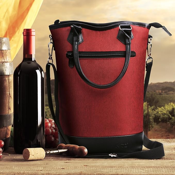 Tirrinia Insulated Wine Gift carrier Tote - Travel Padded 2 Bottle Wine/Champagne Cooler Bag with Handle and Adjustable Shoulder Strap, Great Wine Lover Gift, Red