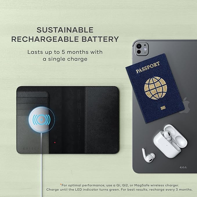 Satechi Passport Holder for Travel with Find My, Passport Cover with 4 Card Holder, Wireless Charging, and RFID protection – Travel Essential Vegan Leather Passport Holder – Black