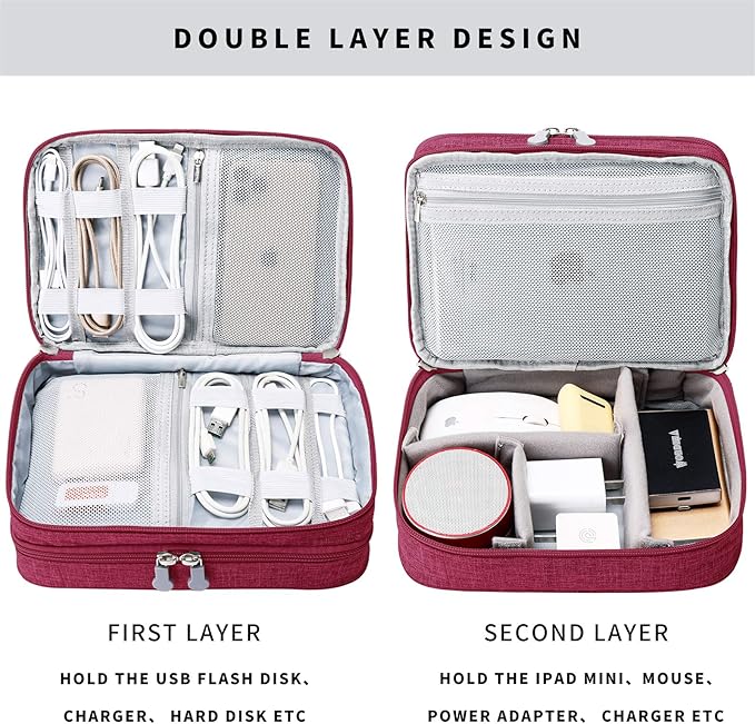 MIRLEWAIY Electronics Cable Organizer, Travel Electronic Accessories Storage Bag Double-Layer for Power Bank, USB, Fresh Drives, Chargers, Cables, Earphone, Red