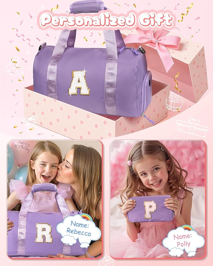 Gifts for 4 5 6 7 8 9 10 11 Year Old Girls-Girl Gym Bag with Shoe Compartment, Kid Personalized Weekender Overnight Bags, Initial Travel Tote with Makeup Pouch, Graduation Gift (Letter A)