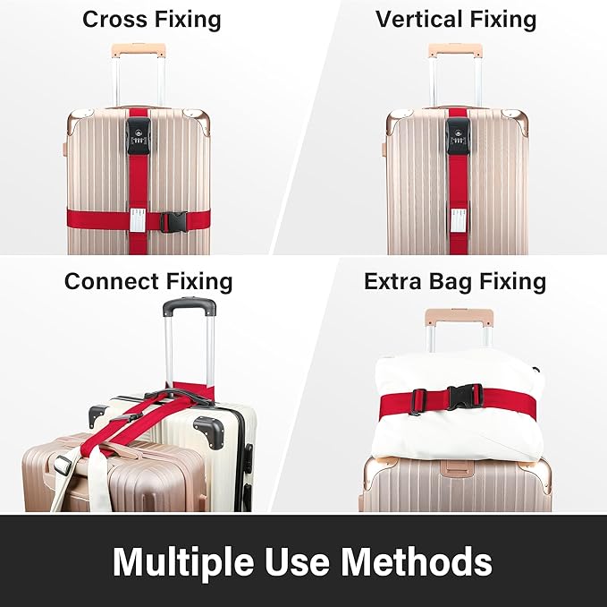 Luggage Straps, Red TSA Approved Luggage Strap Belt with Combination Lock for Suitcases, 2 Pack Adjustable Heavy Duty Cross Suitcase Straps with Name Tags for Travel, Carry On Bags, Protect Luggage