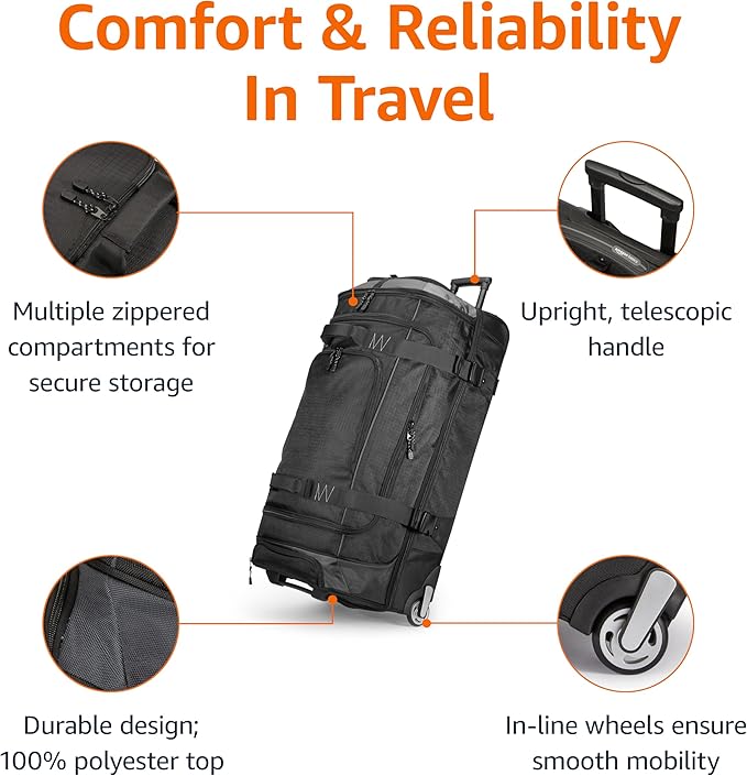 Amazon Basics 30-Inch Large Rolling Duffle Bag with Wheels and Handle, Travel Duffle Bag with Durable Ripstop Polyester Material, 2 Layers of Space, Multiple Interior and Exterior Pockets, Black