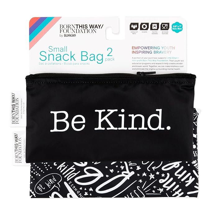 Bumkins Reusable Snack Bags, for Kids School Lunch and for Adults Portion, Washable Fabric, Waterproof Cloth Zip Bag, Supplies Travel Pouch, Food-Safe Storage, 2-pk Born This Way Be Kind