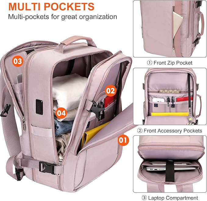 PIJUSHI Travel Backpack for Women Expandable Carry on Luggage Backpack Airline Approved Personal Item Laptop Bag(PE034 Light Purple)
