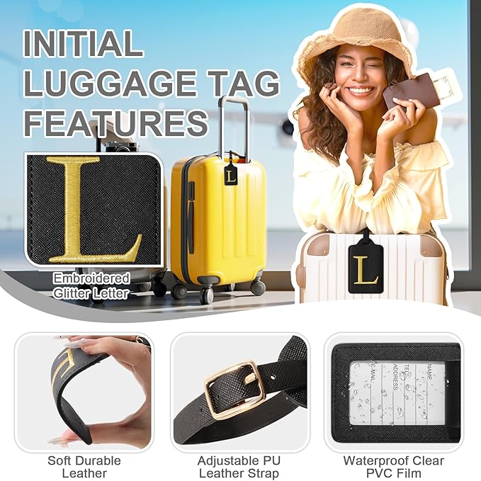 Personalized Initial Luggage Tags for Suitcase TSA Approved, Black Leather Cute Luggage Tag with Privacy Cover Name Card, Embroidered Custom Luggage Tags Travel Backpack Tags Gifts for Women Kids(L)