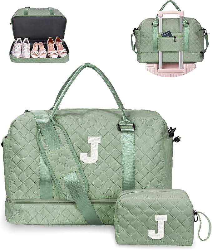 Gifts for Daughter Age 8 9 10 11 12 13 14-Initial Travel Bag with Shoe Compartment, Personalized Weekender Bag for Women, Kids Overnight Bag, Letter Travel Bag with Makeup Bag (Letter J)