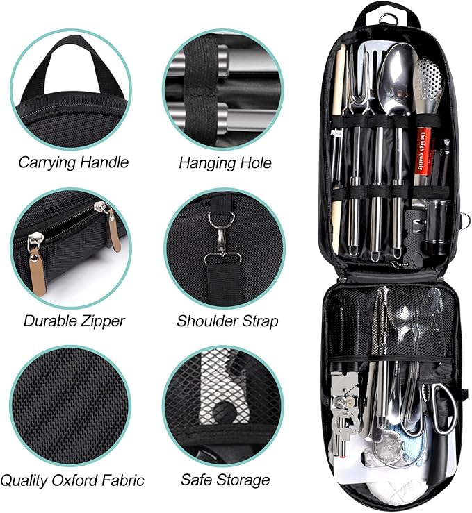 35 Pcs Camping Kitchen Utensil Set Outdoor Kitchen Gear, Outdoor Cooking and Grilling Utensil Travel Set Perfect for Camping Accessories Cooking, RV Camp. Camping, BBQs, Parties and More