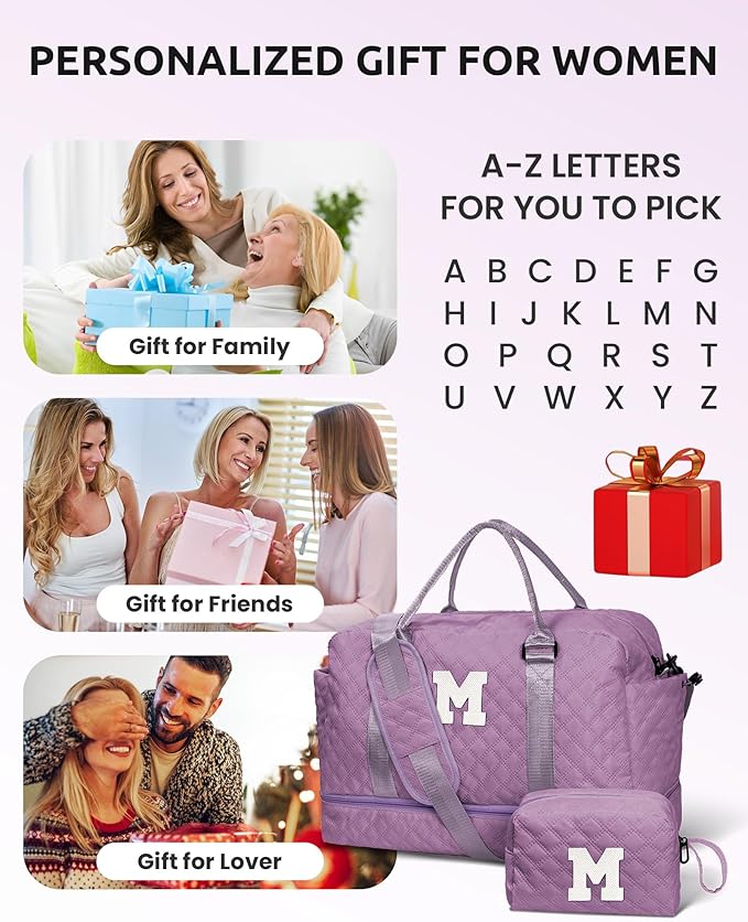 Duffle for Women with Shoe Compartment, Personalized Weekender with Shoulder Strap, Overnight Bag with Trolley Sleeve & Wet Pocket, Travel Bag with Makeup Bag (Letter E)