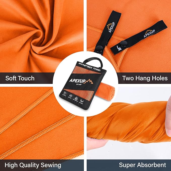 APEXUP Microfiber Travel Towel, Ultra Absorbent Quick Dry Towels, Lightweight Gym Sports Camping Towel for Workout, Yoga, Beach, Shower, Swimming (24"×12", Orange)