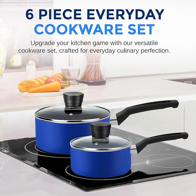 SereneLife Kitchenware Pots & Pans Basic Kitchen Cookware, Black Non-Stick Coating Inside, Heat Resistant Lacquer (6-Piece Set), One Size, Blue