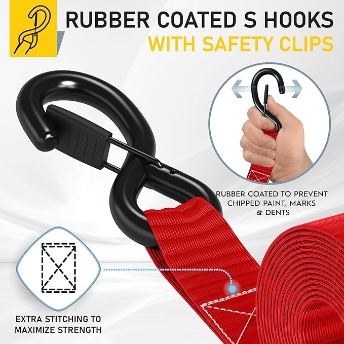 AUGO Heavy Duty Ratchet Straps & Soft Loops – Pack of 4 Extra Strong 1.5” by 10’ Ratchet Straps w/S-Hook Safety Latches & 4 Soft Loop Tie Downs – 4400Lb Break Strength for Motorcycles, ATVs, Etc.