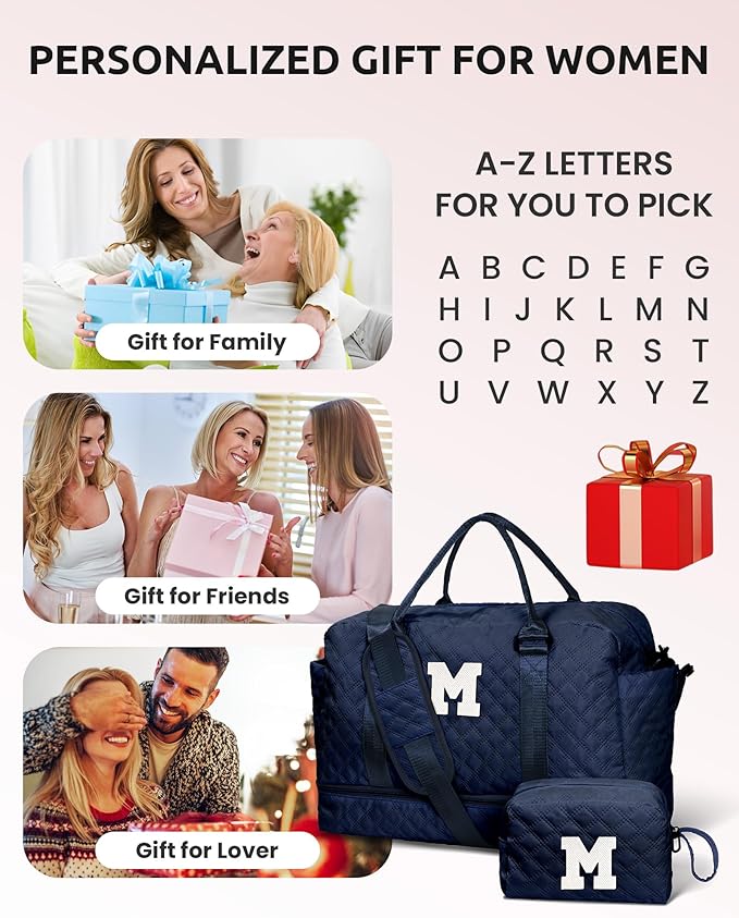Bags for Women College Gifts-Initial Duffle Bag with Shoe Compartment, Weekender Bag, Monogram Overnight Bag, Letter Travel Bag with Makeup Bag, Bachelorette Gifts for Bride (Letter Q)