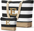 Becokan Beach Bag Initial Beach Tote with Makeup Bag for Travel Work Storage Personalized Birthday Gifts for Women Her