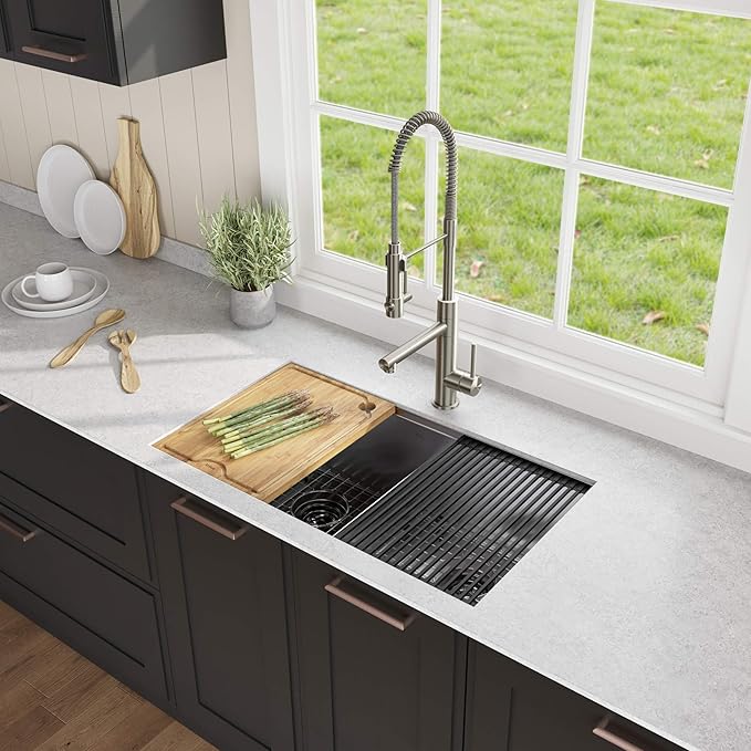 KRAUS Kore™ Workstation 33-inch Undermount 16 Gauge Double Bowl Stainless Steel Kitchen Sink with Accessories (Pack of 8) with WasteGuard™ Continuous Feed Garbage Disposal, KWU112-33-100-75MB