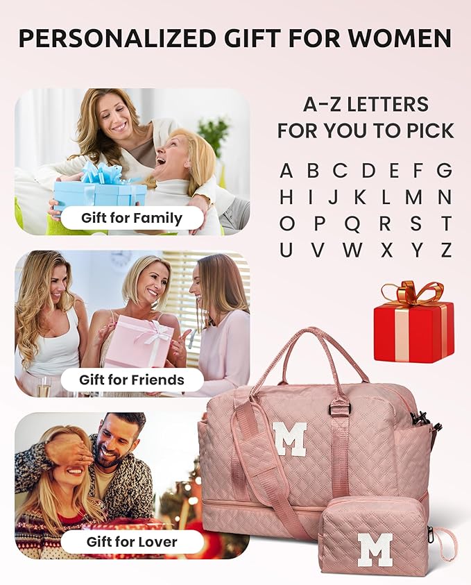 Birthday Gifts-for Women-Initial Duffle Bag with Shoe Compartment, Personalized Weekender Bag, Monogram Overnight Bag, Letter Travel Bag with Makeup Bag，Friend Wife Birthday Gift (Letter C)