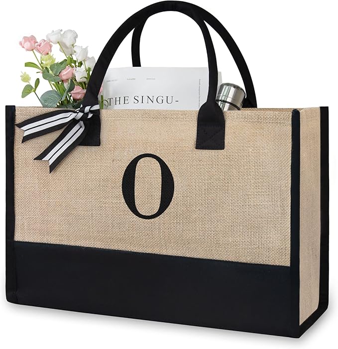 TOPDesign Initial Jute/Canvas Tote Bag, Personalized Present Bag, Suitable for Wedding, Birthday, Beach, Holiday, is a Great Gift for Women, Mom, Teachers, Friends, Bridesmaids (Letter O)