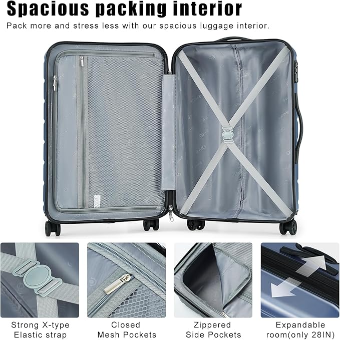 Coolife Luggage Suitcase Carry-on Spinner TSA Lock USB Port Expandable (only 28’’) Lightweight Hardside Luggage (Gray, L(28in))