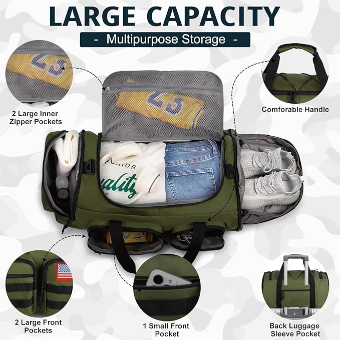 Tactical Gym Bag for Men，50L Large 3 in 1 Sports Duffle Bag with Shoes Compartment for Travel,Water Resistant Travel Backpack Weekender Overnight Bag with Wet Pocket for Women