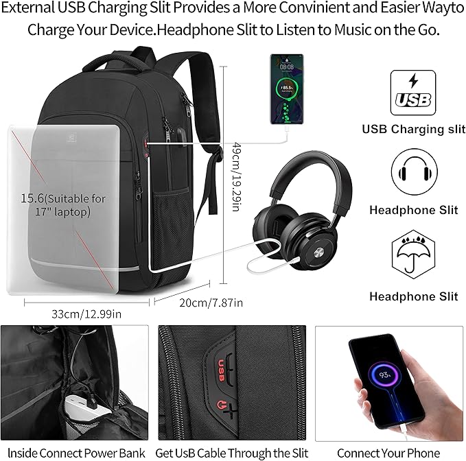 Backpack, Laptop Backpack, Carry on Backpack, Durable TSA Friendly Business Travel 17.3 Inch Laptop Backpack with USB Port, College School Bag Gift for Men Women Teens Bookbag, Black
