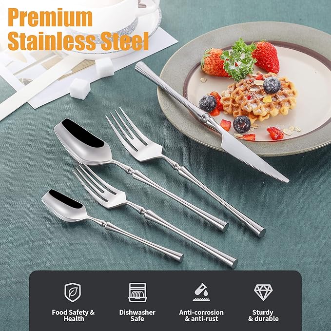 20-Piece Silverware Set for 4,Modern 18/10 Stainless Steel Flatware Set,Unique Rustic Cutlery Utensils Set,Spoon and Fork Set for Home, Restaurant,Wedding,Mirror Polished,Dishwasher Safe