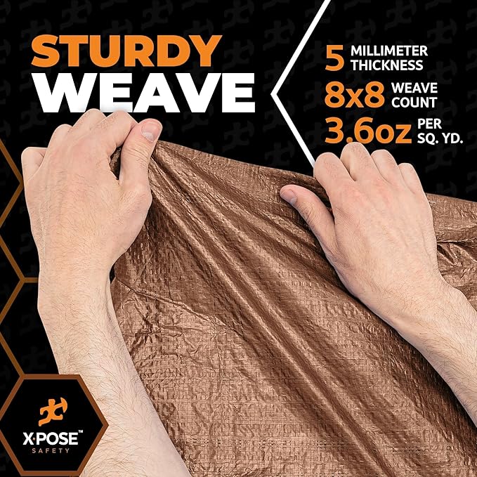 Multipurpose Protective Cover Brown Poly Tarp 9' x 12' (2-Pack) - Durable, Water Resistant, Weather Resistant - 5 Mil Thick Polyethylene - by Xpose Safety