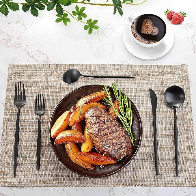 Silverware Set for 8, IBIILII JEFF 40 Pieces Stainless Steel Flatware Set，Matte Black Kitchen Utensil Set, Tableware Cutlery Set, Spoons And Forks Set, Satin Finished Polished & Dishwasher Safe