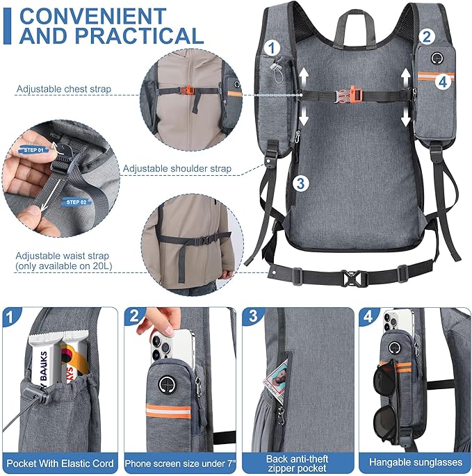 20L Small Hiking Backpack for Men Women Foldable Packable Back Pack Ultralight Hiking Daypack for Travel Camping Outdoor, Gray
