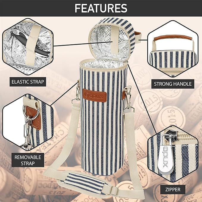 opux Wine Bag Single Bottle Carrier Tote, Insulated Wine Cooler Bag for Travel Picnic Beach with Shoulder Strap, Thermal One Bottle Holder Carrying Case Gift for Women Men, Navy White Stripes