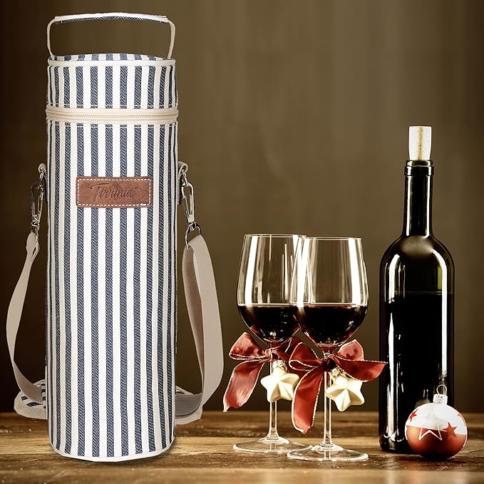 Tirrinia Single Wine Cooler Bags - Insulated & Padded Portable Wine Gift Tote Carrier for Travel, BYOB Restaurant, Wine Tasting, Party, Great Gift for Wine Lover, Blue Stripe