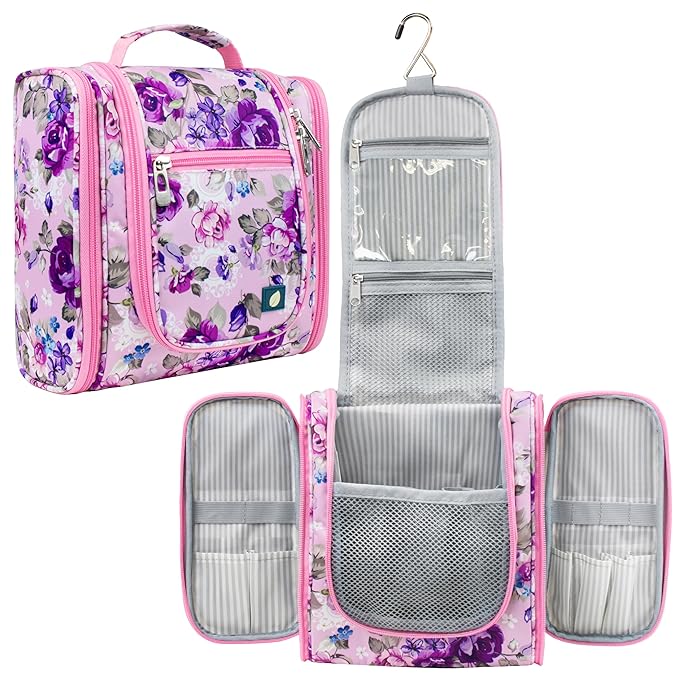 PAVILIA Toiletry Bag Travel Bag for Women Men, Hanging Cosmetic Organizer, Water Resistant Makeup Bag for Accessories Toiletries, Large Travel Essentials Kit (Floral Pink)