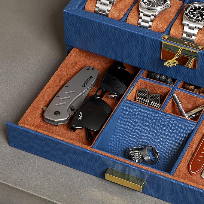 ROTHWELL 10-Slot Watch Box in Leather with Valet Drawer, Luxury Watch Case Display Organizer with Ultra Soft Microsuede Liner, Jewelry and Sunglass Holder With Large Glass top (Blue/Tan)