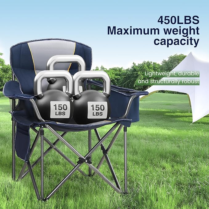 HIGH POINT SPORTS Oversized Portable Folding Camping Chair, Blue, 450 LBS Support, Sports Lawn Chair with Cup Holder and Cooler Bag