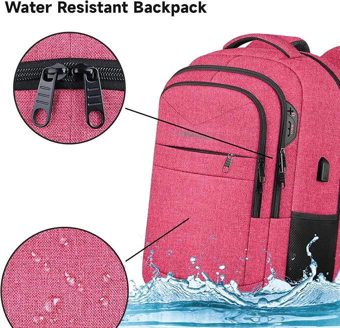 Lapsouno Extra Large Backpack, 17.3 Inch Travel Laptop Backpack, Water Resistant Casual Hiking Daypack, Computer Bag with USB Port, College School Business Carry on Rucksack for Women, Pink