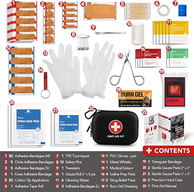 Mini First Aid Kit, 100 Pieces Water-Resistant Hard Shell Small Case - Perfect for Travel, Outdoor, Home, Office, Camping, Hiking, Car (Black)