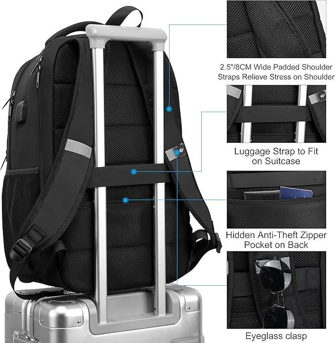 Backpack, Laptop Backpack, Carry on Backpack, Durable TSA Friendly Business Travel 17.3 Inch Laptop Backpack with USB Port, College School Bag Gift for Men Women Teens Bookbag, Black