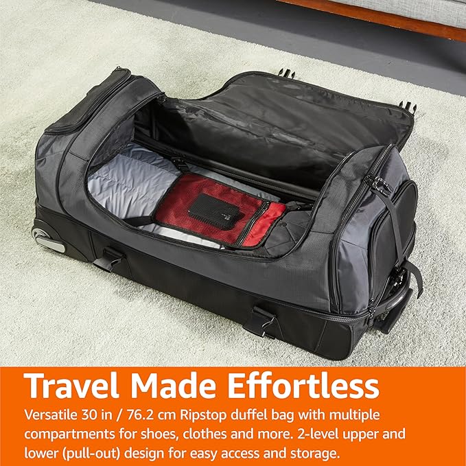 Amazon Basics 30-Inch Large Rolling Duffle Bag with Wheels and Handle, Travel Duffle Bag with Durable Ripstop Polyester Material, 2 Layers of Space, Multiple Interior and Exterior Pockets, Black