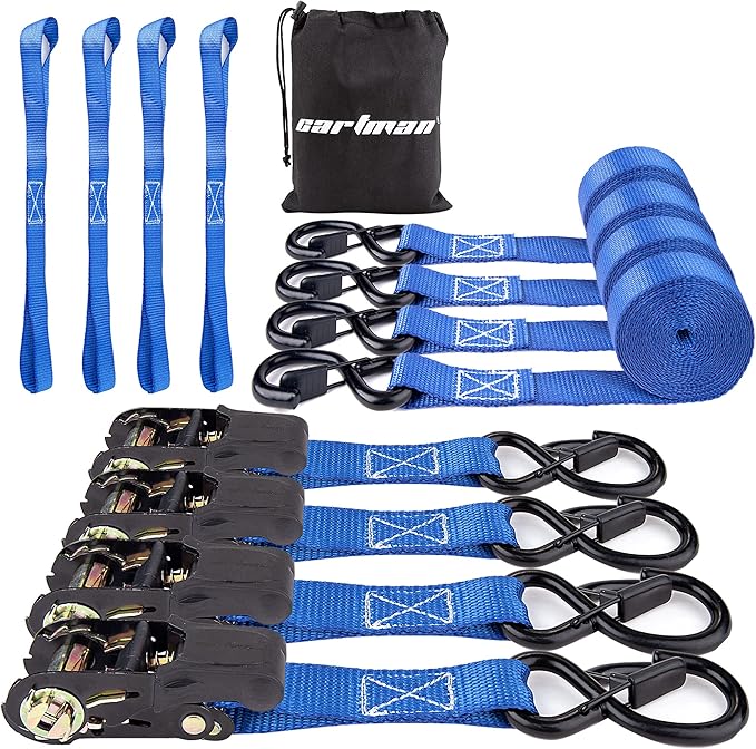 Cartman Ratchet Tie Down Straps 4PK 2,000lb Max Break Strength with Premium 1" x 15' Rachet Tie Downs with Padded Handles, 4PK 1" x 18" Soft Loop for Moving, Securing Cargo