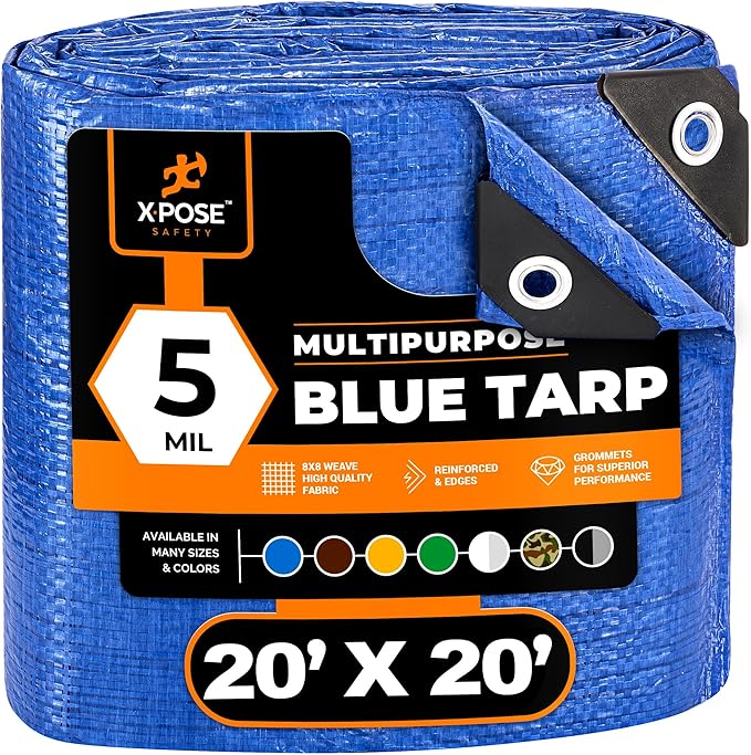 Better Blue Poly Tarp 20' x 20' - Multipurpose Protective Cover - Lightweight, Durable, Waterproof, Weather Proof - 5 Mil Thick Polyethylene - by Xpose Safety