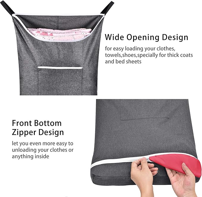 Hanging Laundry Hamper Bag Behind Door Hampers for Laundry Hanging Save Space Zipper Laundry Hamper Door Hanging with 2 PCs Stainless Steel Hooks Suction Hooks for Wall/Bathroom (Grey-2Pack)