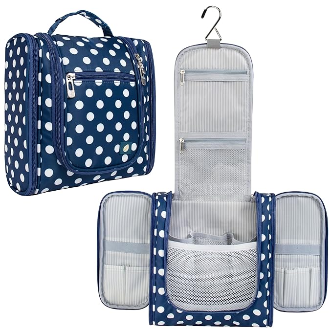 PAVILIA Toiletry Bag Travel Bag for Women Men, Hanging Cosmetic Organizer, Water Resistant Makeup Bag for Accessories Toiletries, Large Travel Essentials Kit (Navy Polka Dot)