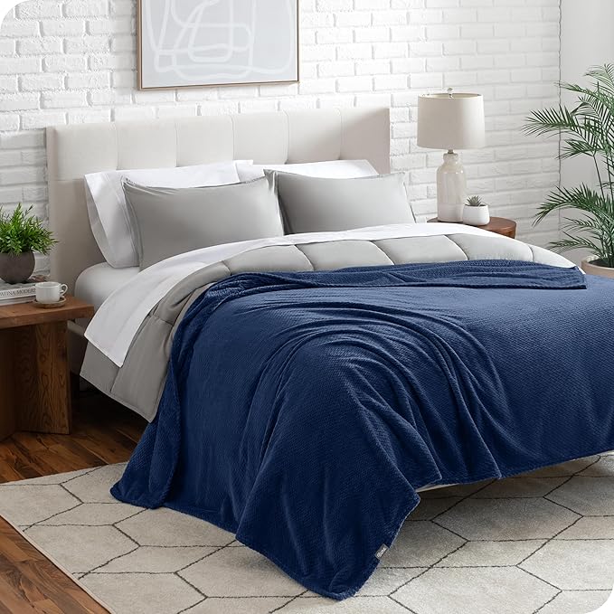 Bare Home Textured Fleece Blanket - King Size - Ultra-Soft Lightweight for Bed, Sofa, and Couch - Luxury Microplush - Cozy Warm Blanket (King, Chevron Dark Blue)