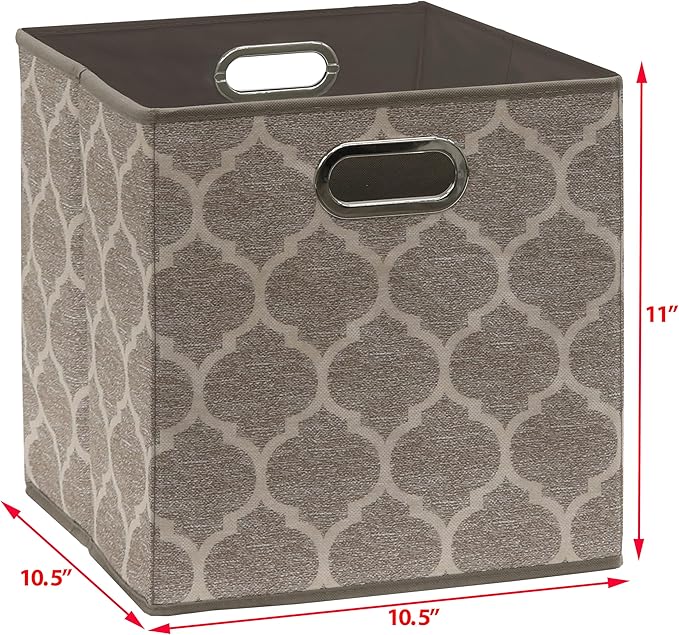 SIMPLE HOUSEWARE 11-Inch Collapsible Fabric Cube Storage Bin with Handles, Printed Design, 6 Pack, Beige