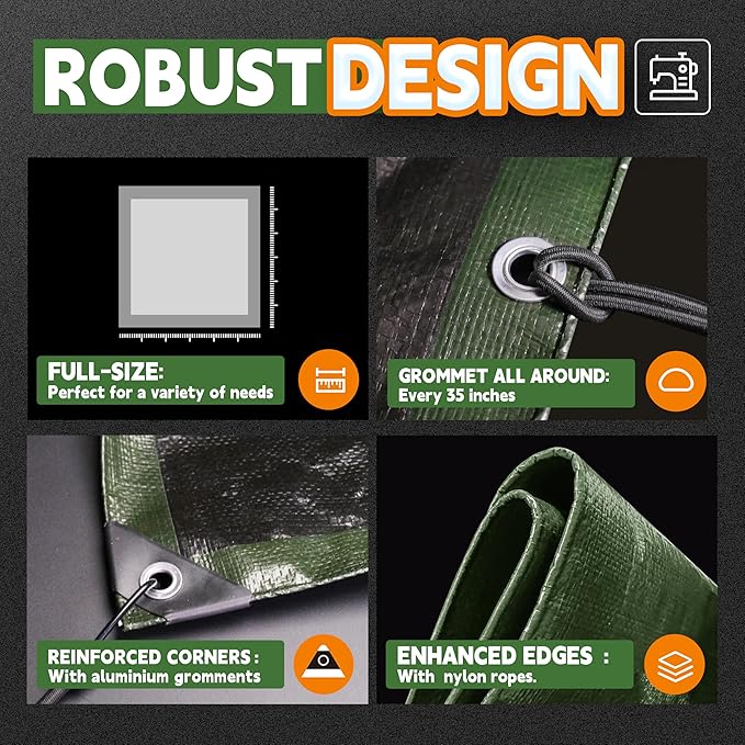 16x20 Feet Tarp Waterproof,9Mil Thick,Finished Size Tarps,UV Resistant,Durable,Multipurpose Poly Tarp Cover with Metal Grommets and Reinforced Edges,Green/Black by RAINDEWAY