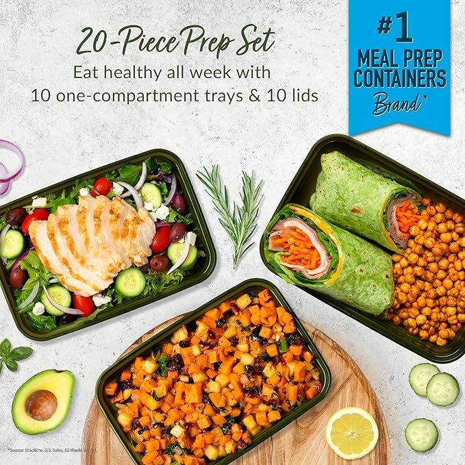Bentgo 20-Piece Lightweight, Durable, Reusable BPA-Free 1-Compartment Containers - Microwave, Freezer, Dishwasher Safe - Khaki Green