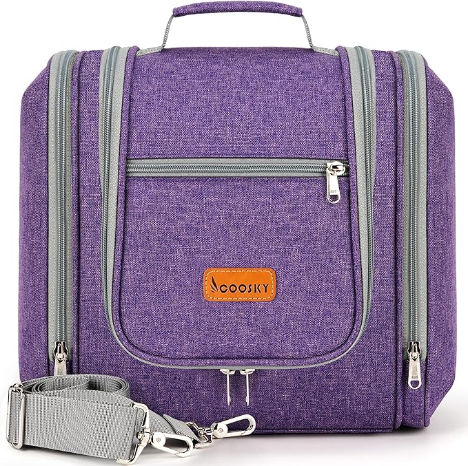 Extra Large Toiletry Bag for Women and Men, 6 Organizer Compartments, Holds Full Size Shampoo, with Hanging Hook Cosmetic Bag, Travel Makeup Bag, Bathroom Water-resistant Toiletries Bag, Purple