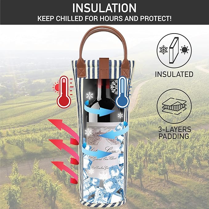 opux Wine Bag Single Bottle Carrier Tote, Insulated Travel Wine Cooler Bag for Picnic Beach Gift, Thermal Padded Portable One Bottle Holder Carrying Case for Women Men Wine Lovers, Navy White Stripes