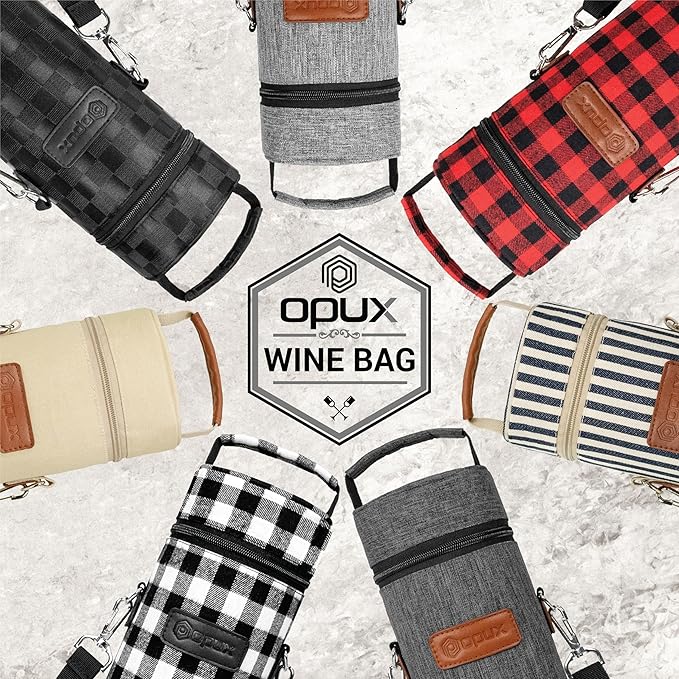 opux Wine Bag Single Bottle Carrier Tote, Insulated Wine Cooler Bag for Travel Picnic Beach with Shoulder Strap, Thermal One Bottle Holder Carrying Case Gift for Women Men, Navy White Stripes